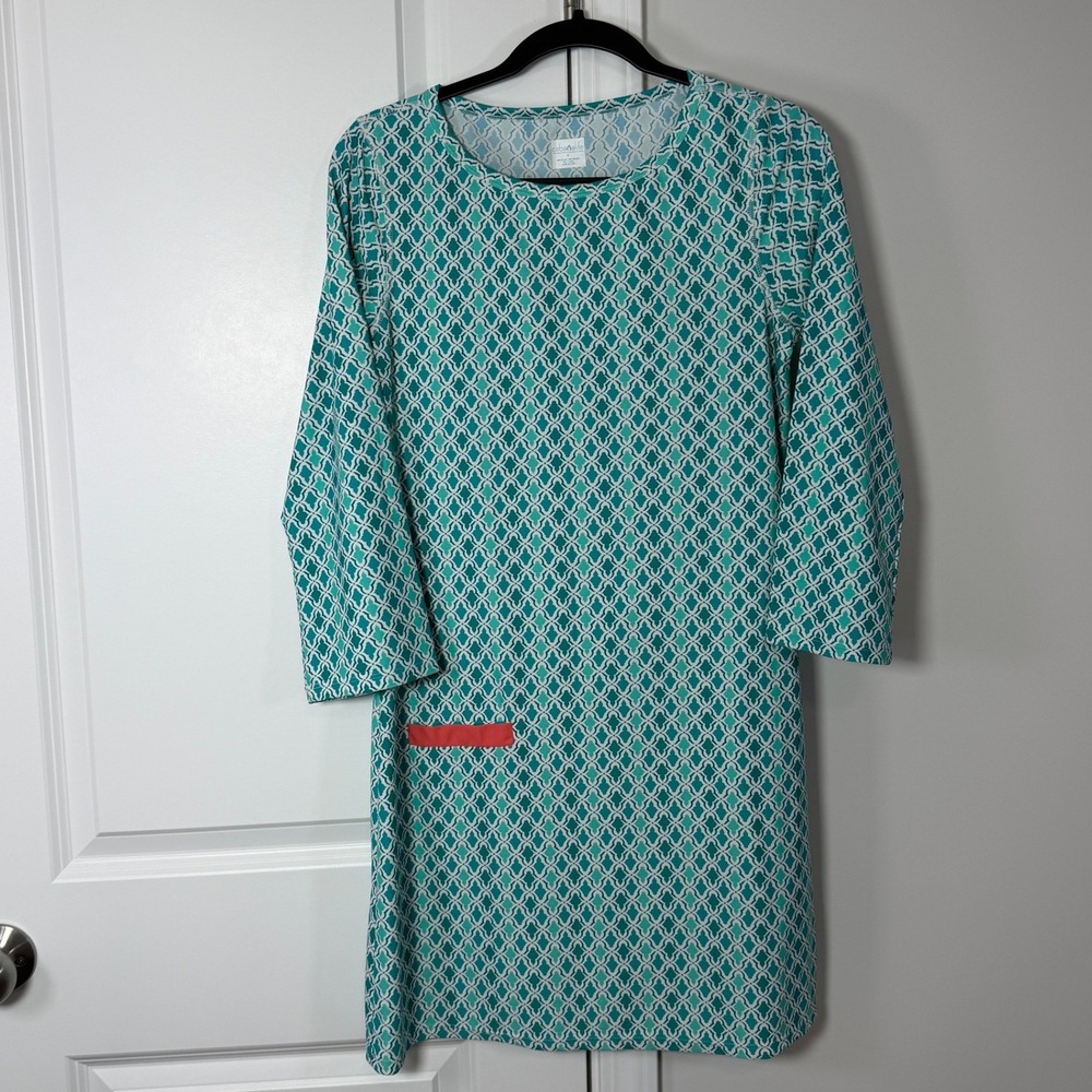 Cabana Life Womens Medium Teal Geometric Tile Print 3/4 Sleeve Shift Dress